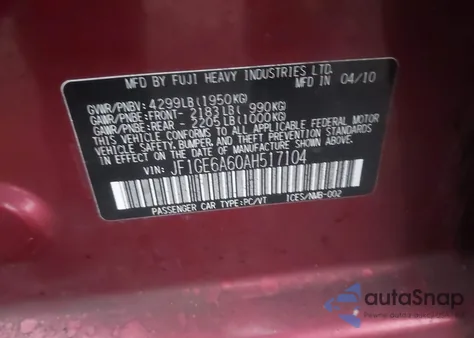 2010 Subaru Impreza 2.5I из США, поврежденный, VIN JF1GE6A60AH517104